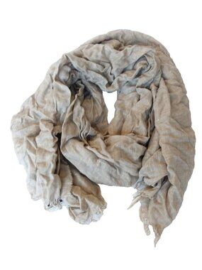 EILEEN FISHER Natural Modal Melange Glimmer Plaid Fringe Rectangle Wrap Scarf